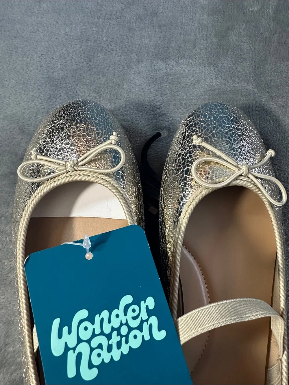 NWTS wonder nation Metallic Silver Mary Jane Ballet Flats with Bow Sz 5 girls
